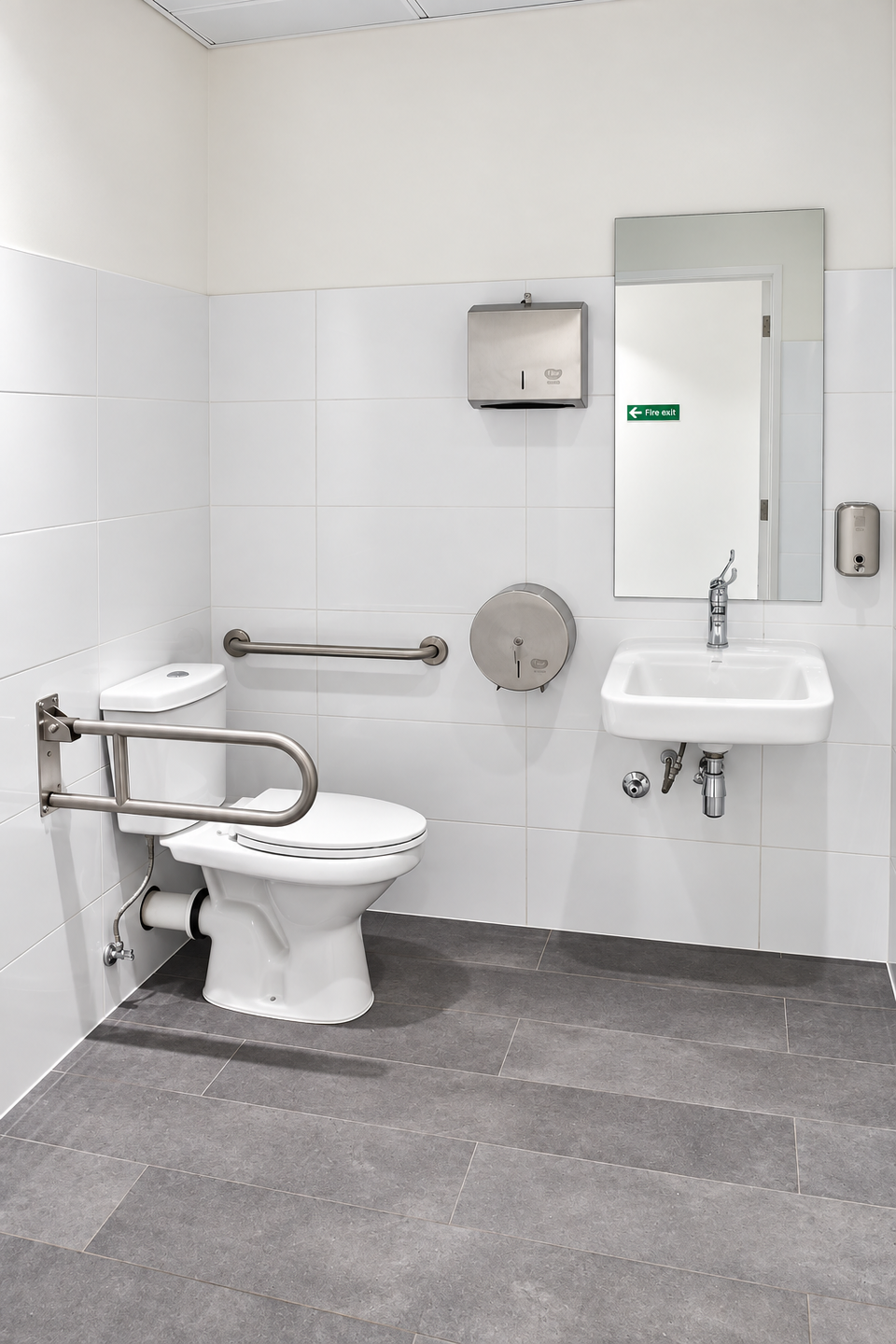 Baño accesible con barras de apoyo y lavamanos en GAES Apoquindo